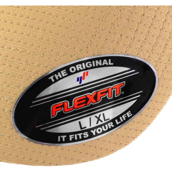 A tan FLEXFIT cap featuring a logo and a label indicating size L/XL.