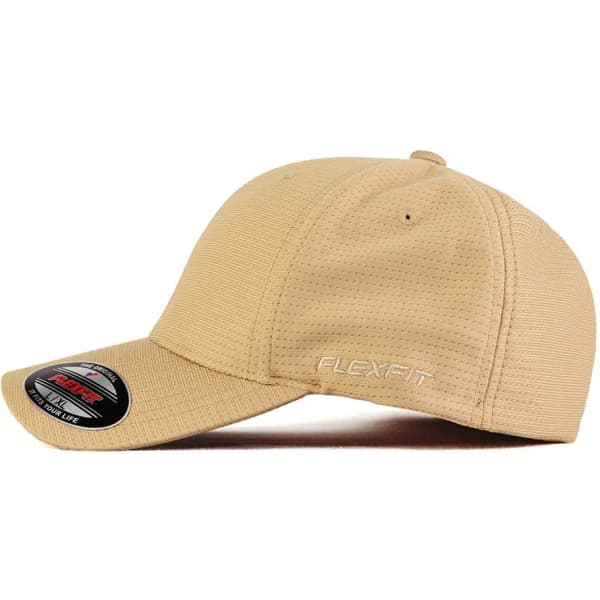 A khaki FLEXFIT cap featuring a structured design and a logo, shown from the side.