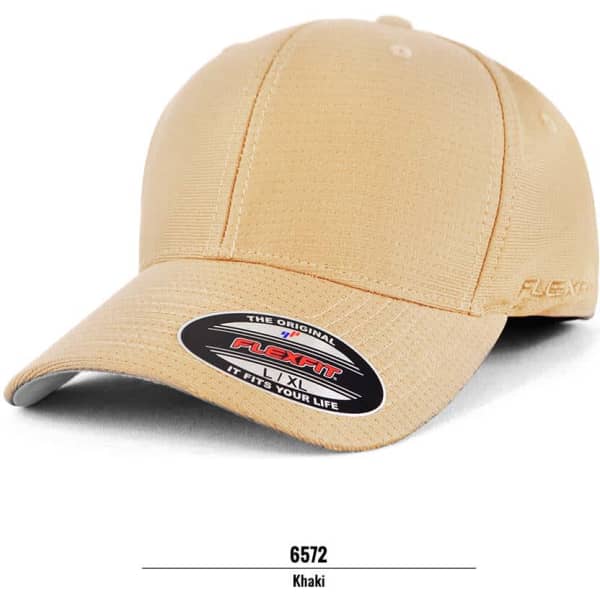A khaki cap with a curved brim and a branded logo on the side.