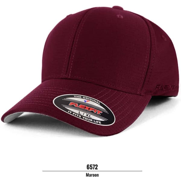 A maroon cap featuring a flexible fit design and a logo on the side.