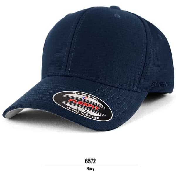 A navy cap with a curved brim and a logo, showcasing a sleek and fitted design.