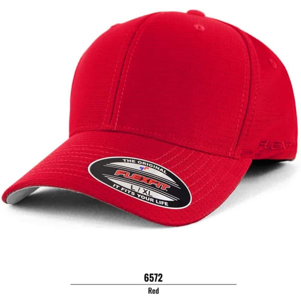 A red FLEXFIT cap with a structured design and a branding logo on the side.