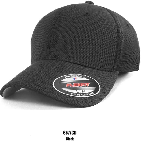 A black FLEXFIT cap with a structured design and a logo on the front. Features a curved brim.