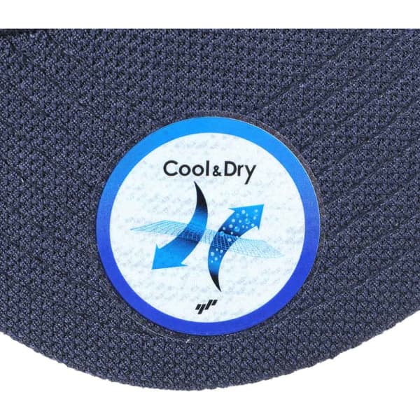 A navy cap with a circular label featuring a Cool & Dry logo. The fabric appears textured and breathable.