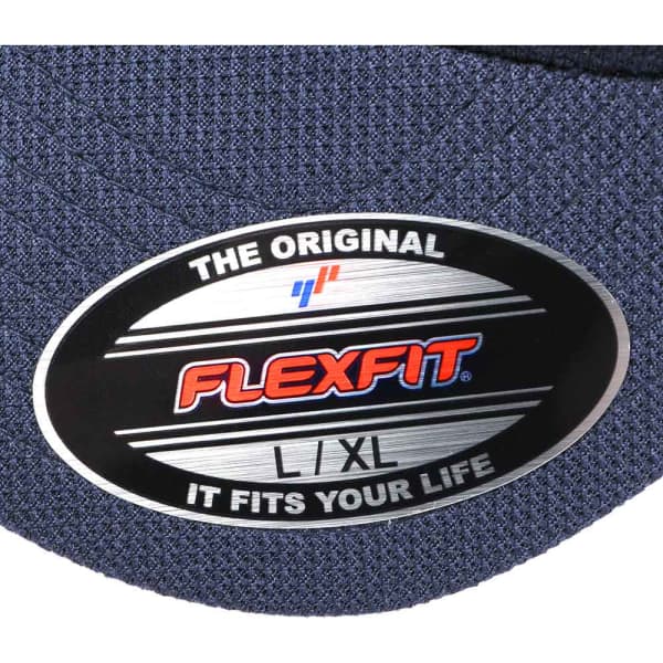 A close-up of a navy blue cap featuring a logo and size label indicating L/XL.