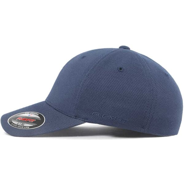 A navy blue cap featuring a curved brim and a logo, designed for comfortable wear.