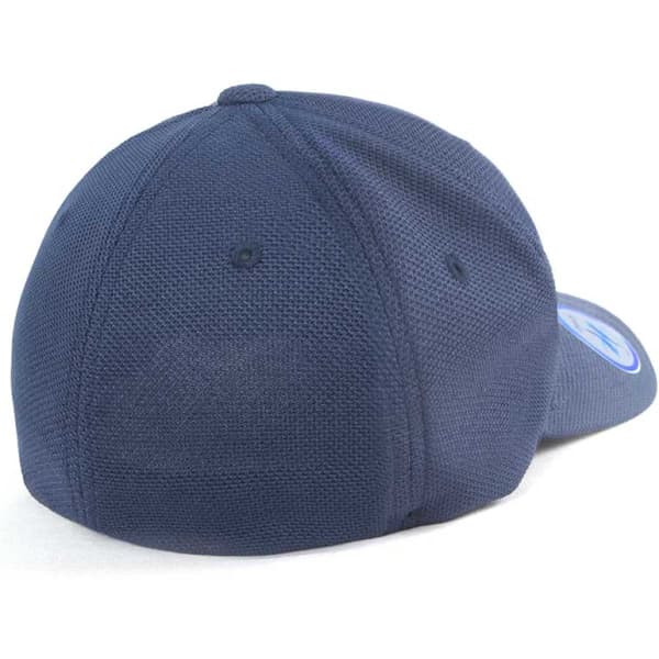 A blue cap with a textured fabric and a logo on the side, showcasing the back design.