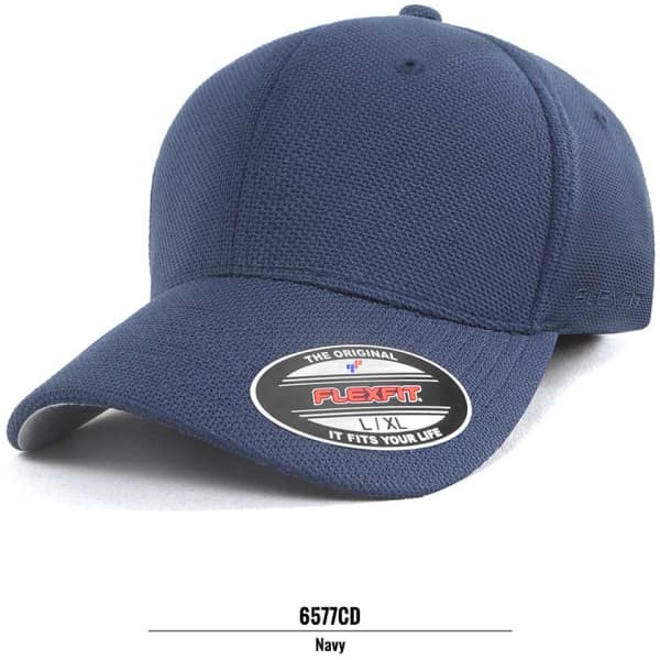 A navy cap with a structured design and a branding logo on the front.