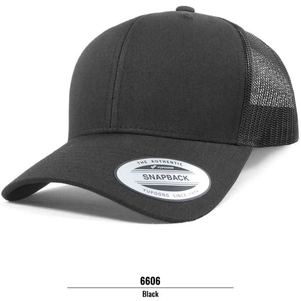 A black trucker cap featuring a mesh back and a snapback closure. Includes a logo on the side.