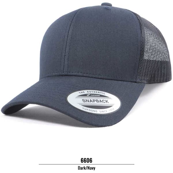A dark navy trucker cap featuring a mesh panel and a snapback closure, with an attached logo.