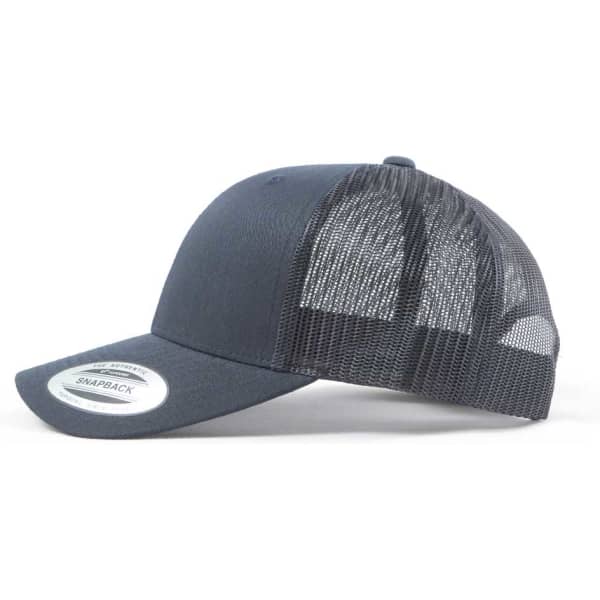 A navy trucker cap featuring a mesh back and a solid front panel, complete with a logo.