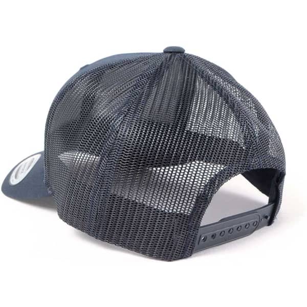 A navy trucker cap featuring a mesh back and an adjustable snap closure. It includes a logo on the front.
