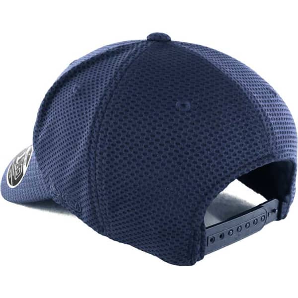A navy blue cap featuring mesh detailing and a logo on the side, showcasing the rear view of the design.