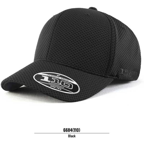 A black cap featuring a mesh design and a logo, part of the FLEXFIT 110 range.