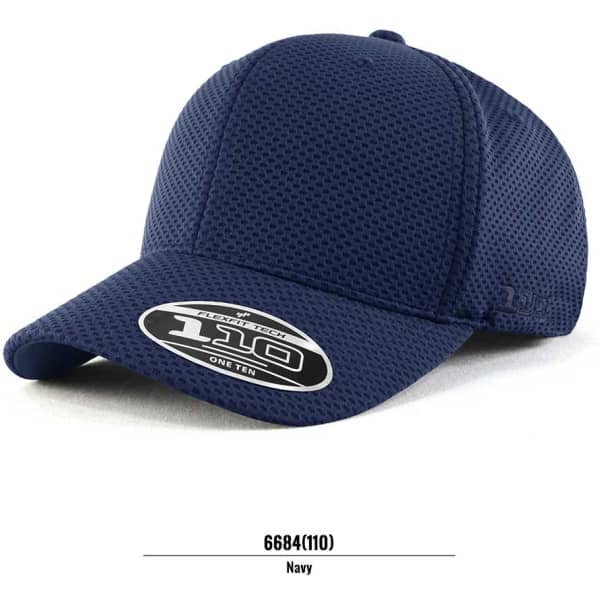 A navy blue cap with a structured design, featuring a logo on the front and a breathable mesh texture.