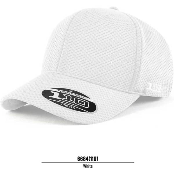A white cap featuring a textured design and a logo on the front.