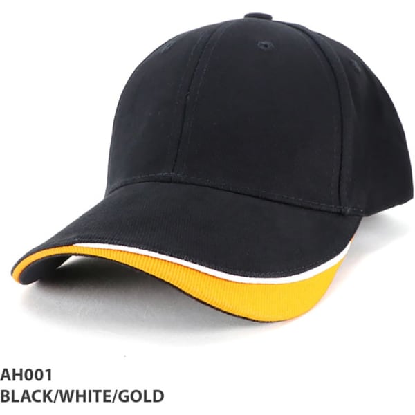 A black cap with white and gold accents, featuring a curved peak and a logo.