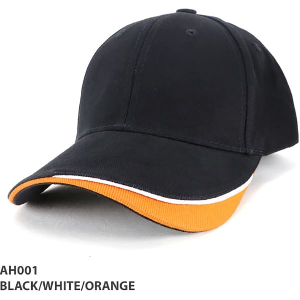 A black cap with white and orange detailing, featuring a curved brim and a logo on the front.