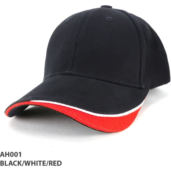 A black cap with a red and white trimmed brim, featuring a logo on the front.
