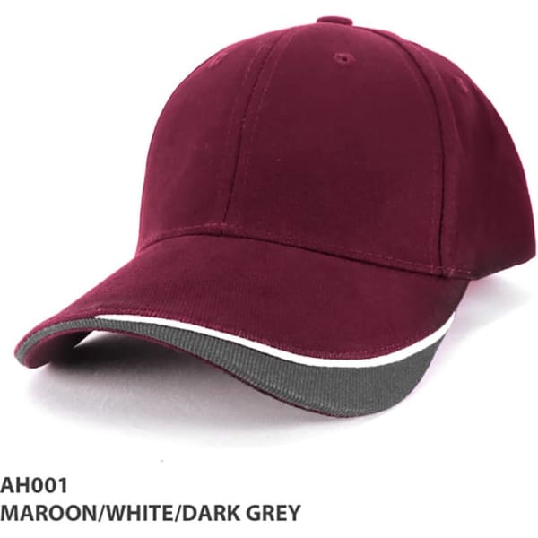 A maroon cap with a grey and white brim, featuring a logo. Suitable for headwear promotion.