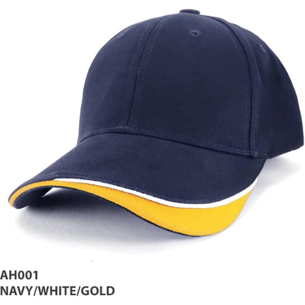 A navy cap with white and gold accents, featuring a curved brim and a logo.