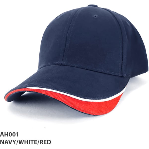 A navy cap with a red and white stripe along the brim, featuring a logo on the front.