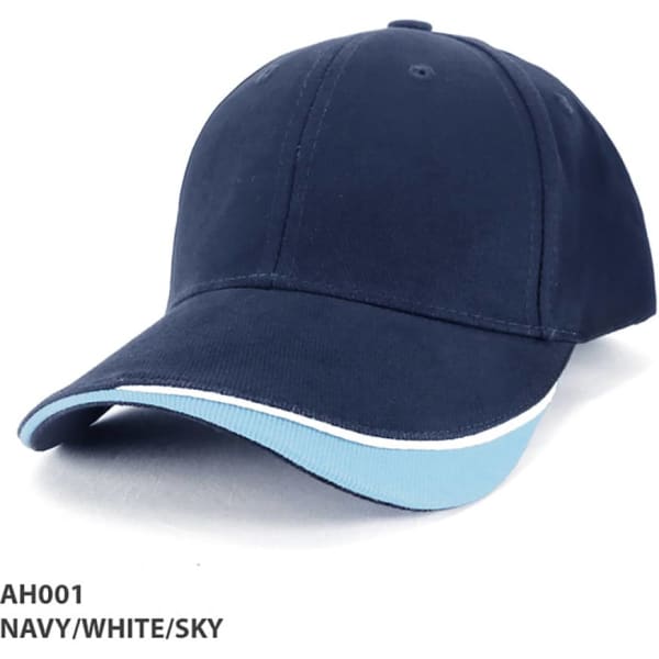 A navy cap with a sky blue peak and white detailing, featuring a logo on the front.