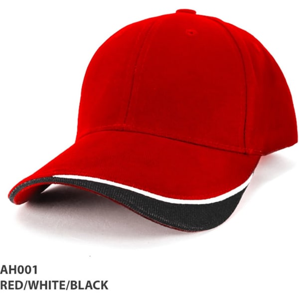 A red cap with white and black accents, featuring a logo on the front.