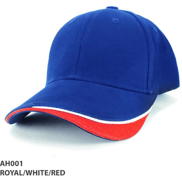 A blue cap with red and white detailing, featuring a structured front and a curved brim, also has a logo.
