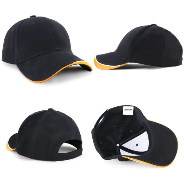 A black cap with an orange peak and interior, featuring a logo and adjustable strap. Multiple angles displayed.