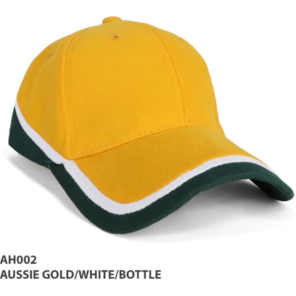 A yellow and white cap with a green peak and trim, featuring a logo on the front.