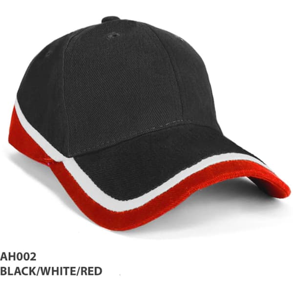 A black cap with white and red accents, featuring a curved brim and a logo.