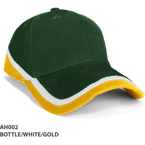 A green cap with a yellow brim and white detailing, featuring a logo.