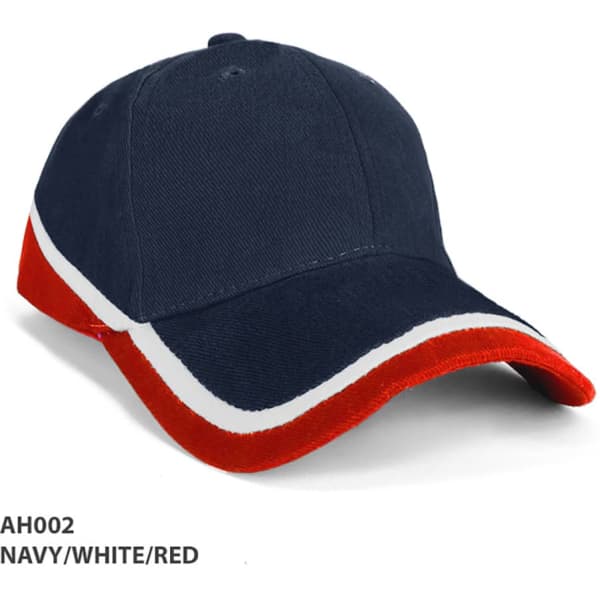 A navy, white, and red cap with a curved brim and a branded logo on the front.