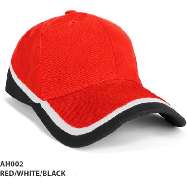 A red cap with black and white accents features a logo. It has a curved brim and is designed as headwear.