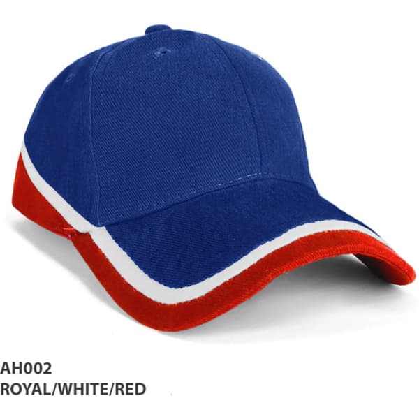 A royal blue cap with white and red accents. Features a curved peak and a branding logo.