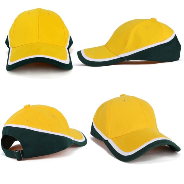 A cap with a yellow crown and green brim, featuring a white trim and an adjustable back. It has a logo.