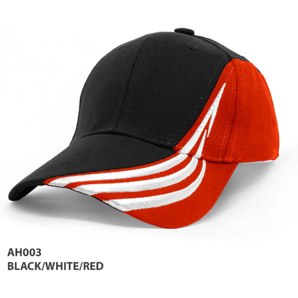 A black, white, and red cap with a distinctive design and a logo on it.