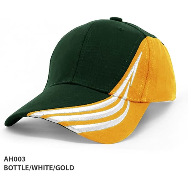 A cap featuring a bottle green body with a gold and white trim design, and a logo on the front.