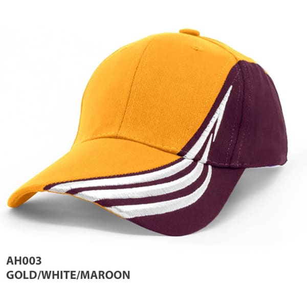 A cap featuring a gold top with maroon and white trim, along with a branding logo.