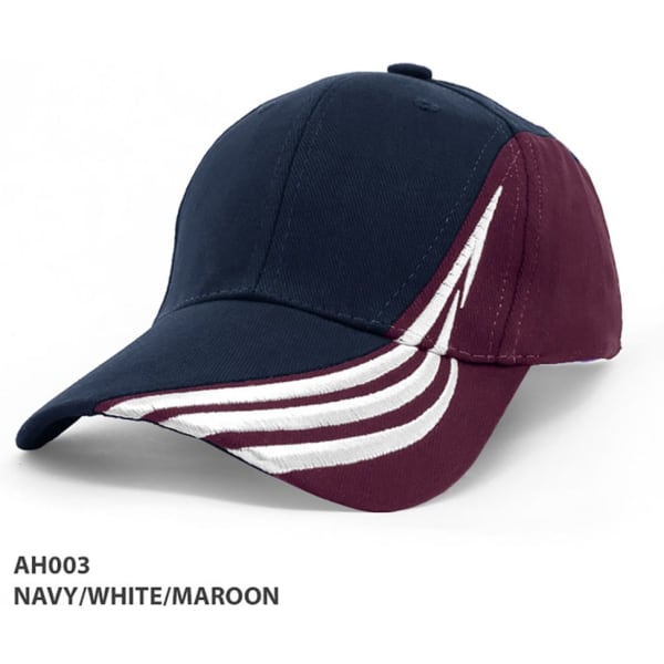 A navy, white, and maroon cap featuring a logo and stylised design on the side.
