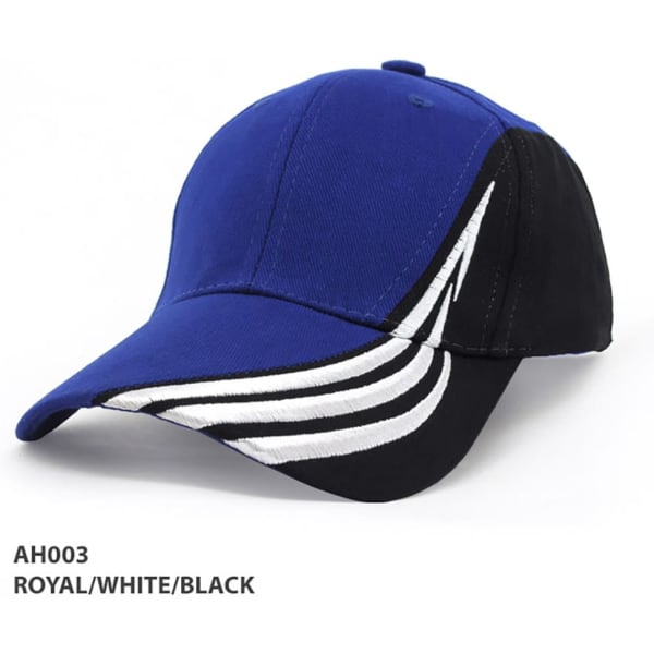 A cap featuring a royal blue body with black and white accents, including a logo.