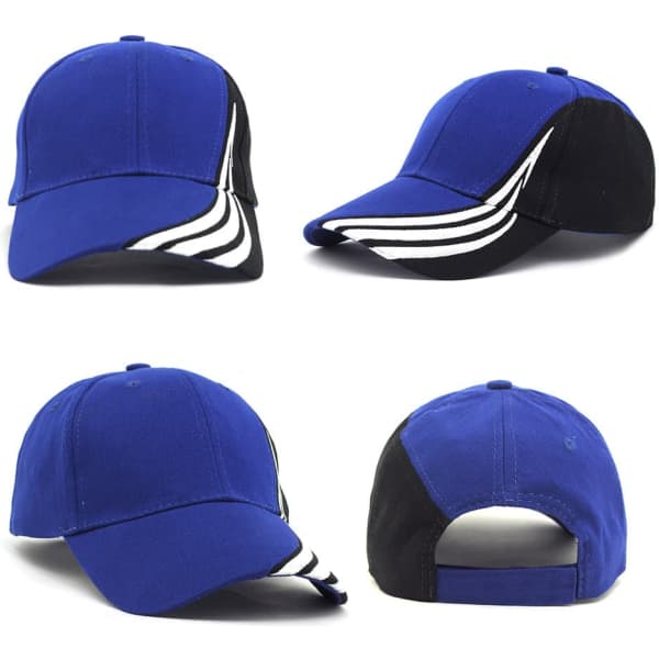 A blue cap with black panels and white stripes, featuring a branded logo on the side.