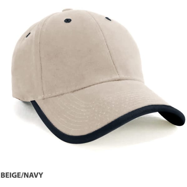 A beige cap with a navy peak and a logo on the front, featuring a wrap-over design.