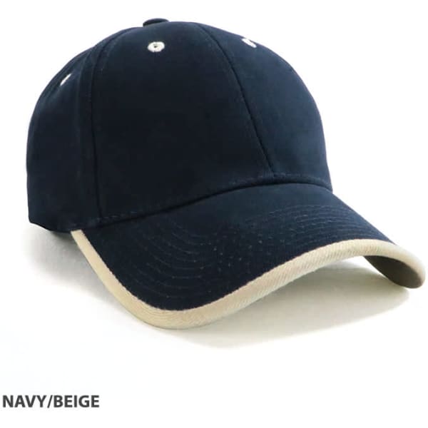 A navy and beige cap with a wrap-over design and a logo on the front.