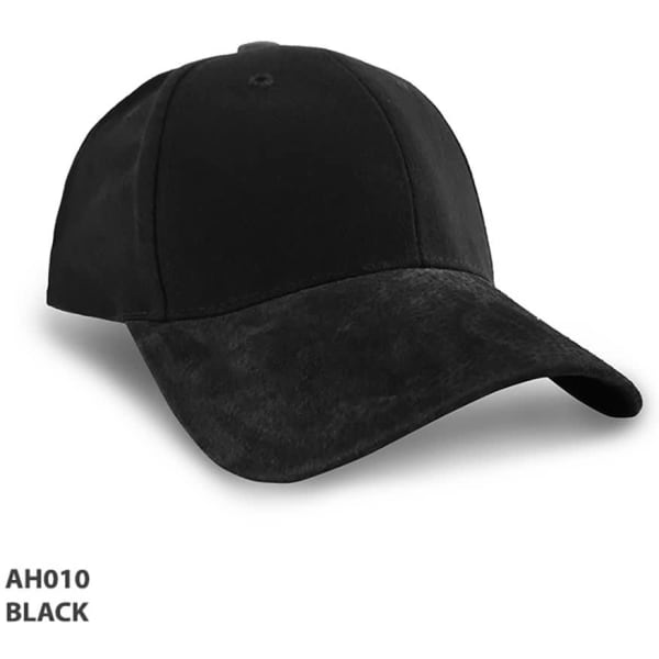 A black cap featuring a suede peak and a logo. Designed for headwear, it showcases a sleek and modern style.