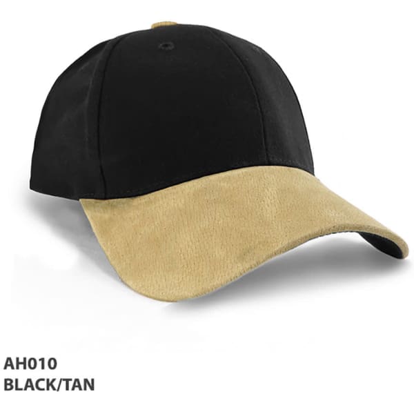 A black and tan cap with a suede peak, featuring a logo on the front.
