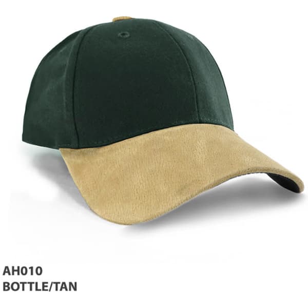 A green cap with a tan suede peak and a logo. Designed for promotional use.