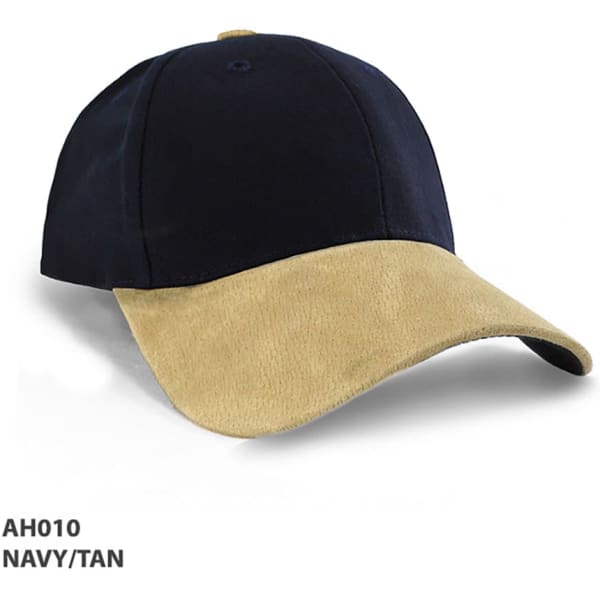 A navy and tan cap with a suede peak and a branded logo on the front.
