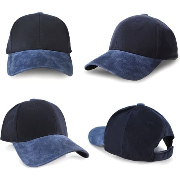 A cap in navy blue with a suede peak, featuring a logo and multiple angles displayed.